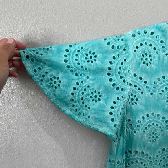 Ruby Yaya Embroidered Eyelet Shift Dress W/ Slip Flare Short Sleeve Aqua Cotton - Picture 4 of 12